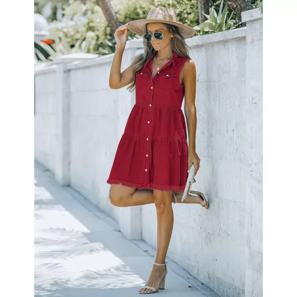 luvamia Womens Casual Summer Lapel Sleeveless Button Down Short Denim Jean DressDark Red