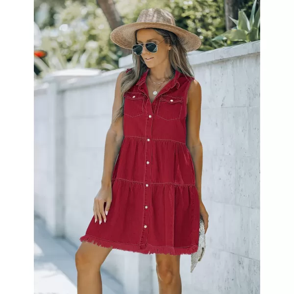 luvamia Womens Casual Summer Lapel Sleeveless Button Down Short Denim Jean DressDark Red