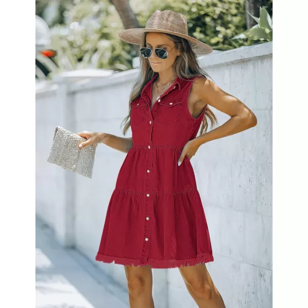 luvamia Womens Casual Summer Lapel Sleeveless Button Down Short Denim Jean DressDark Red
