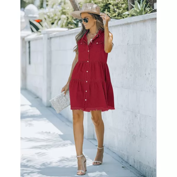 luvamia Womens Casual Summer Lapel Sleeveless Button Down Short Denim Jean DressDark Red
