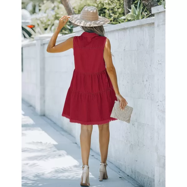 luvamia Womens Casual Summer Lapel Sleeveless Button Down Short Denim Jean DressDark Red