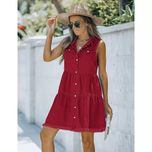 luvamia Womens Casual Summer Lapel Sleeveless Button Down Short Denim Jean DressDark Red