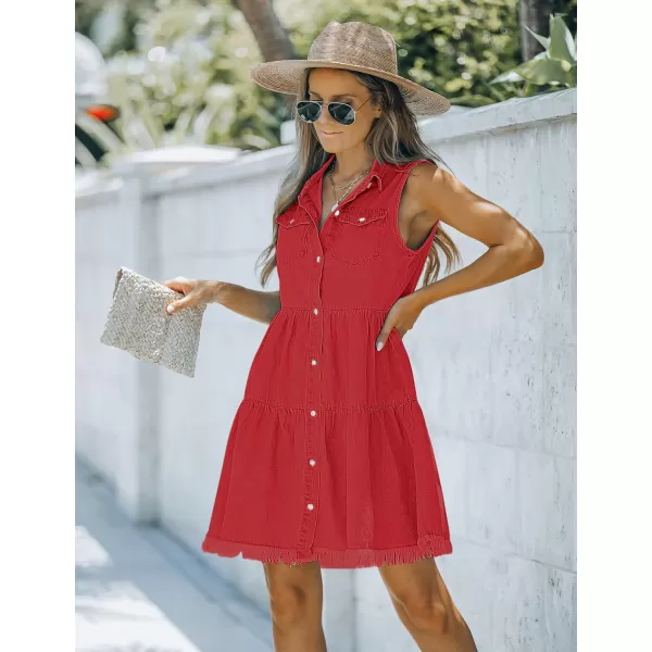 luvamia Womens Casual Summer Lapel Sleeveless Button Down Short Denim Jean DressRed