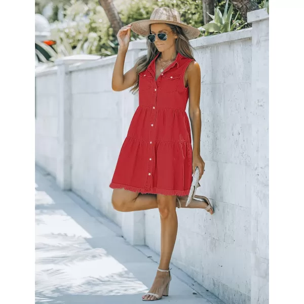 luvamia Womens Casual Summer Lapel Sleeveless Button Down Short Denim Jean DressRed