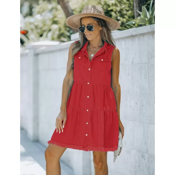 luvamia Womens Casual Summer Lapel Sleeveless Button Down Short Denim Jean DressRed