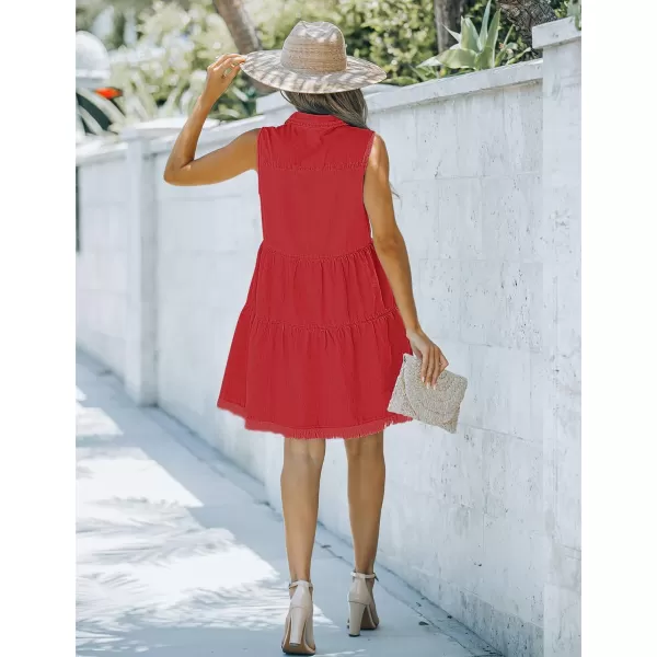 luvamia Womens Casual Summer Lapel Sleeveless Button Down Short Denim Jean DressRed