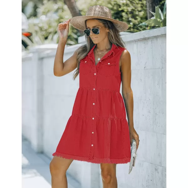 luvamia Womens Casual Summer Lapel Sleeveless Button Down Short Denim Jean DressRed