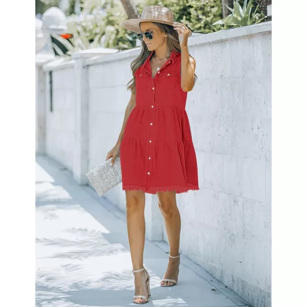 luvamia Womens Casual Summer Lapel Sleeveless Button Down Short Denim Jean DressRed