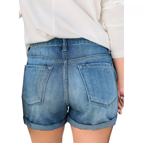 luvamia Womens Ripped High Waisted Denim Shorts Stretchy Cuffed Hem Jean ShortsA1 Deep Jasper Blue