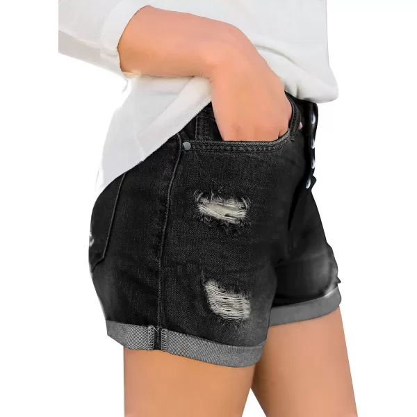 luvamia Womens Ripped High Waisted Denim Shorts Stretchy Cuffed Hem Jean ShortsA2 Black Pepper