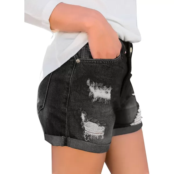 luvamia Womens Ripped High Waisted Denim Shorts Stretchy Cuffed Hem Jean ShortsB Iconic Black