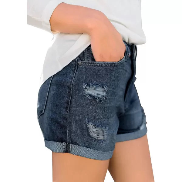 luvamia Womens Ripped High Waisted Denim Shorts Stretchy Cuffed Hem Jean ShortsD Nightfall Blue