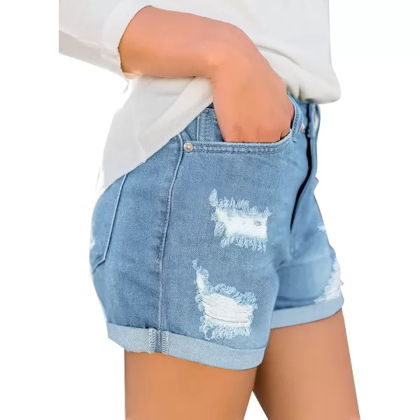 luvamia Womens Ripped High Waisted Denim Shorts Stretchy Cuffed Hem Jean ShortsE Powder Blue