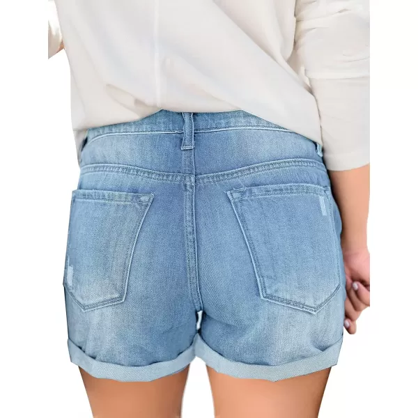 luvamia Womens Ripped High Waisted Denim Shorts Stretchy Cuffed Hem Jean ShortsE Powder Blue