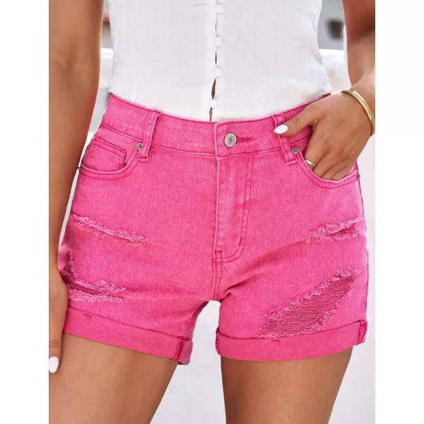 luvamia Womens Ripped High Waisted Denim Shorts Stretchy Cuffed Hem Jean ShortsG Hot Pink Snow Wash