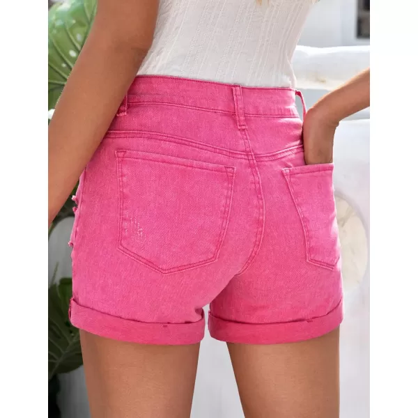 luvamia Womens Ripped High Waisted Denim Shorts Stretchy Cuffed Hem Jean ShortsG Hot Pink Snow Wash