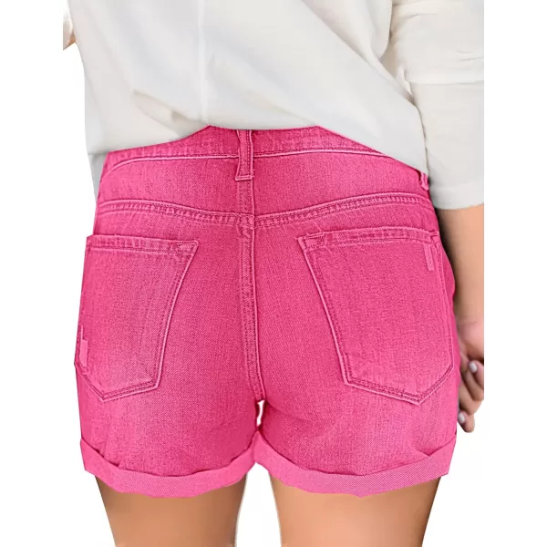 luvamia Womens Ripped High Waisted Denim Shorts Stretchy Cuffed Hem Jean ShortsG Hot Pink Snow Wash