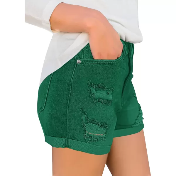 luvamia Womens Ripped High Waisted Denim Shorts Stretchy Cuffed Hem Jean ShortsG Verdant Green