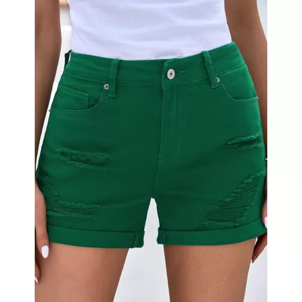 luvamia Womens Ripped High Waisted Denim Shorts Stretchy Cuffed Hem Jean ShortsG Verdant Green