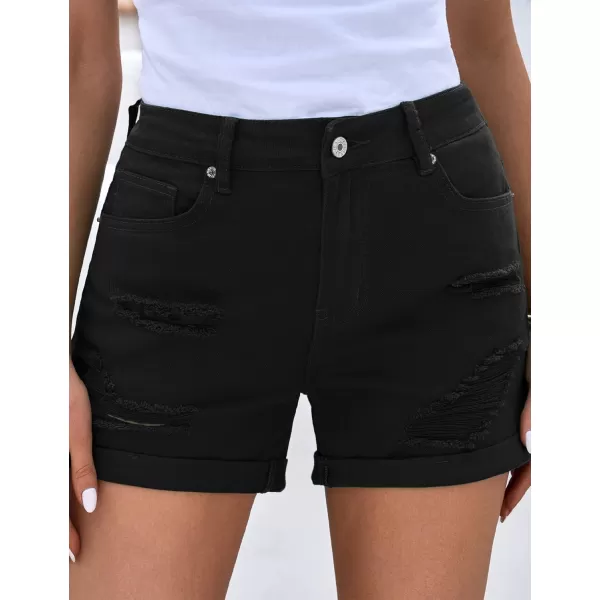 luvamia Womens Ripped High Waisted Denim Shorts Stretchy Cuffed Hem Jean ShortsG Warm Onyx Black