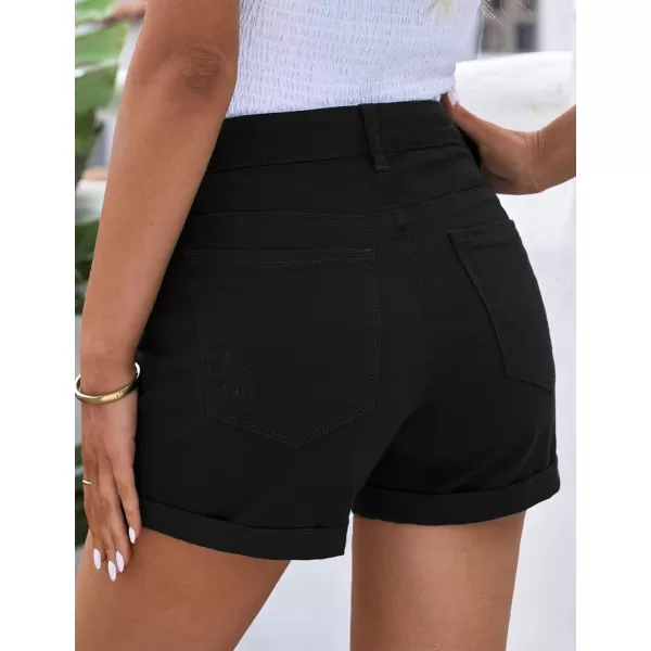 luvamia Womens Ripped High Waisted Denim Shorts Stretchy Cuffed Hem Jean ShortsG Warm Onyx Black
