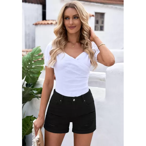 luvamia Womens Ripped High Waisted Denim Shorts Stretchy Cuffed Hem Jean ShortsG Warm Onyx Black