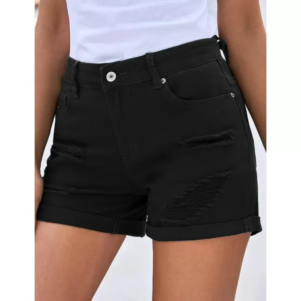 luvamia Womens Ripped High Waisted Denim Shorts Stretchy Cuffed Hem Jean ShortsG Warm Onyx Black