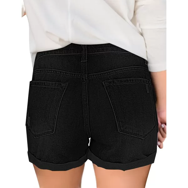 luvamia Womens Ripped High Waisted Denim Shorts Stretchy Cuffed Hem Jean ShortsG Warm Onyx Black