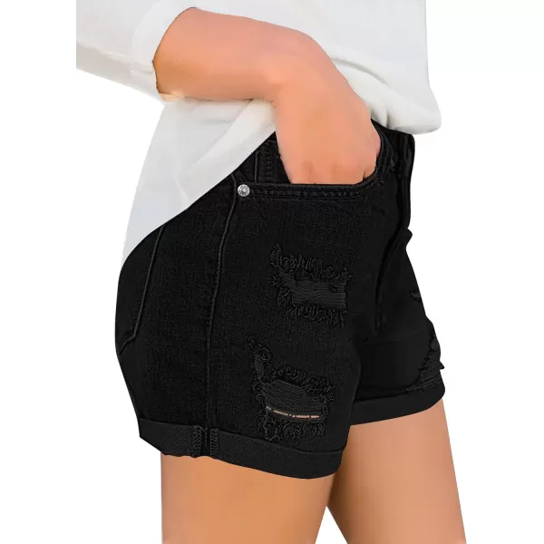 luvamia Womens Ripped High Waisted Denim Shorts Stretchy Cuffed Hem Jean ShortsG Warm Onyx Black