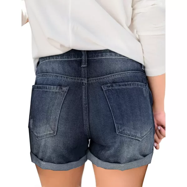 luvamia Womens Ripped High Waisted Denim Shorts Stretchy Cuffed Hem Jean ShortsL Darkness Blue