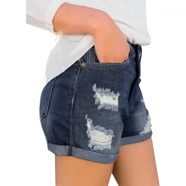 luvamia Womens Ripped High Waisted Denim Shorts Stretchy Cuffed Hem Jean ShortsL Darkness Blue