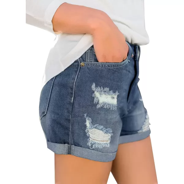 luvamia Womens Ripped High Waisted Denim Shorts Stretchy Cuffed Hem Jean ShortsL Monaco Blue