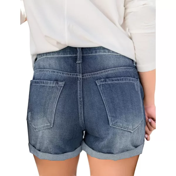 luvamia Womens Ripped High Waisted Denim Shorts Stretchy Cuffed Hem Jean ShortsL Monaco Blue