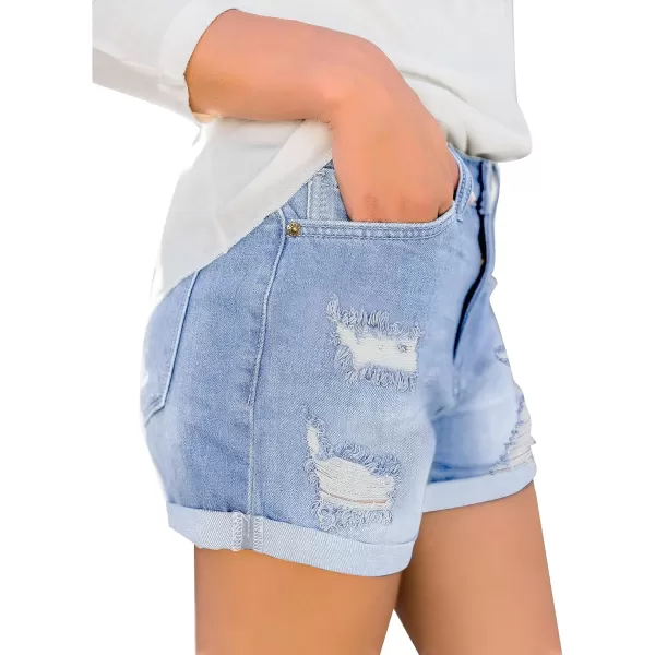 luvamia Womens Ripped High Waisted Denim Shorts Stretchy Cuffed Hem Jean ShortsLennox Blue