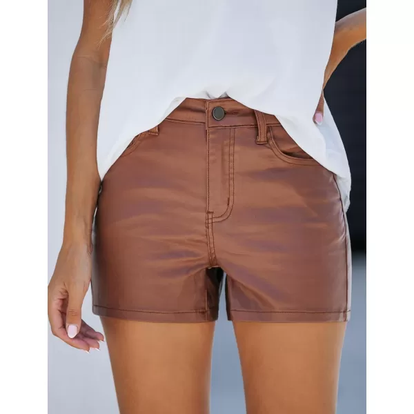 luvamia Womens Shorts Trendy High Waisted Faux Leather Look Stretchy Jean Shorts Short Denim Pants with Pockets ComfyBrown