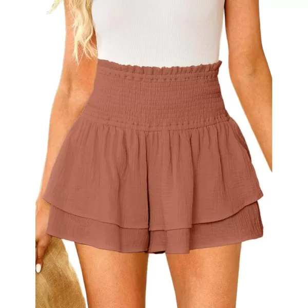 luvamia 2023 Shorts for Women Casual Summer High Waisted Smocked Ruffle Elastic Waist Flowy Tiered Pleated Beach ShortsRose Dawn