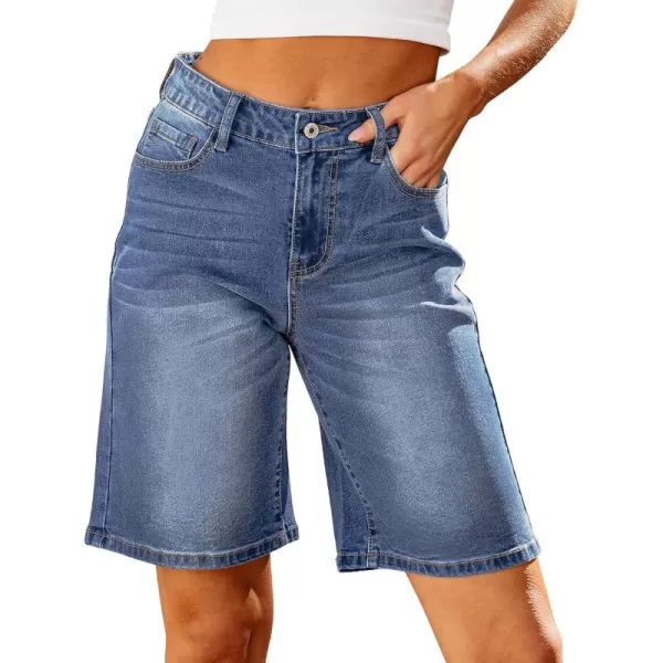 luvamia Bermuda Jean Shorts for Women High Waisted Trendy Stretchy Denim Shorts Knee Length Cutoff Loose Fit Long ShortsBay Blue
