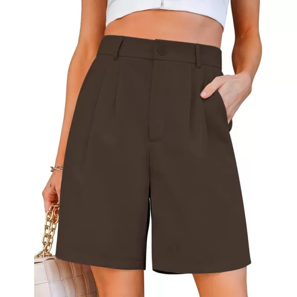 luvamia Bermuda Shorts for Women Dressy Casual High Waisted Summer Work Elastic Waist Pleated Dress Shorts with PocketsChocolate Brown