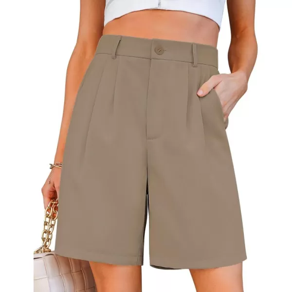 luvamia Bermuda Shorts for Women Dressy Casual High Waisted Summer Work Elastic Waist Pleated Dress Shorts with PocketsKhaki