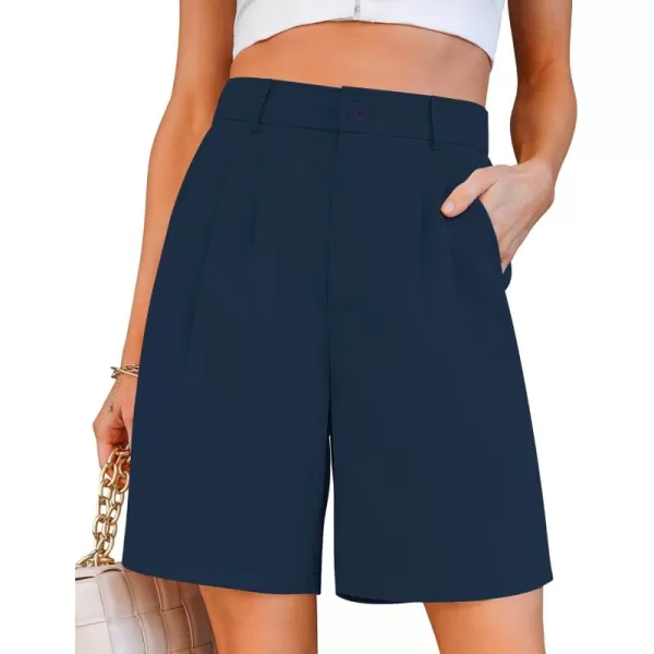 luvamia Bermuda Shorts for Women Dressy Casual High Waisted Summer Work Elastic Waist Pleated Dress Shorts with PocketsNavy Blue