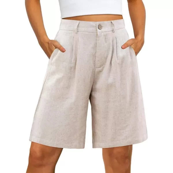 luvamia Bermuda Shorts for Women High Waisted Linen Dressy Casual Pleated Wide Leg Summer Shorts with Elastic WaistBeige