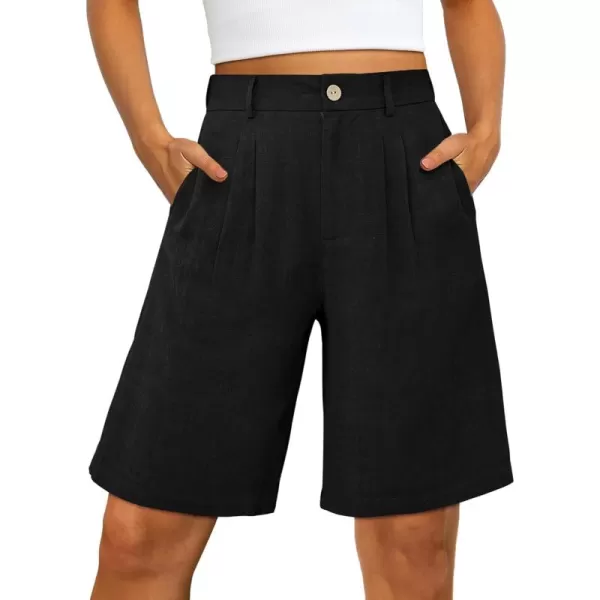 luvamia Bermuda Shorts for Women High Waisted Linen Dressy Casual Pleated Wide Leg Summer Shorts with Elastic WaistBlack