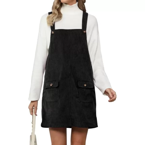 luvamia Corduroy Overall Dress for Women Adjustable Straps Casual Fashion Overalls Pinafore Short Dresses with PocketsBlack