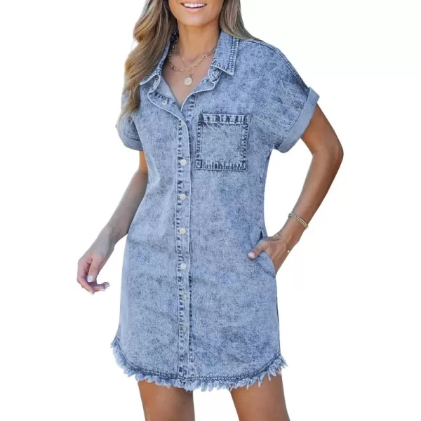 luvamia Denim Dress for Women Button Down Short Sleeves Casual Summer Jean Shirt Dresses with Pockets Frayed HemBay Blue