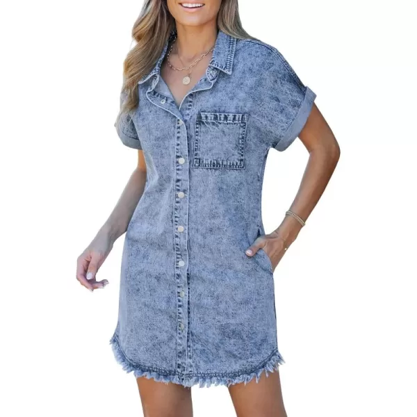 luvamia Denim Dress for Women Button Down Short Sleeves Casual Summer Jean Shirt Dresses with Pockets Frayed HemLakeside Blue