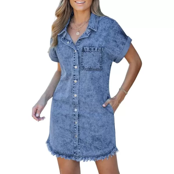 luvamia Denim Dress for Women Button Down Short Sleeves Casual Summer Jean Shirt Dresses with Pockets Frayed HemReef Blue