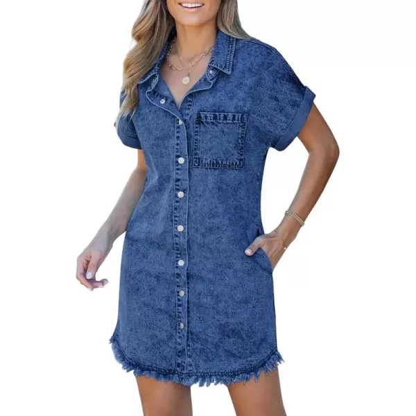 luvamia Denim Dress for Women Button Down Short Sleeves Casual Summer Jean Shirt Dresses with Pockets Frayed HemWishful Blue
