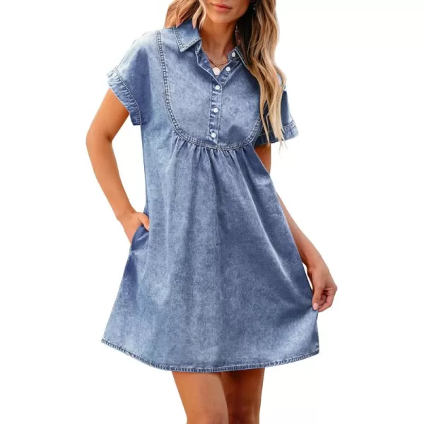 luvamia Denim Dress for Women Summer Short Sleeve Button Down Collared Pleated Western Jean Dresses with Pockets RelaxedBay Blue