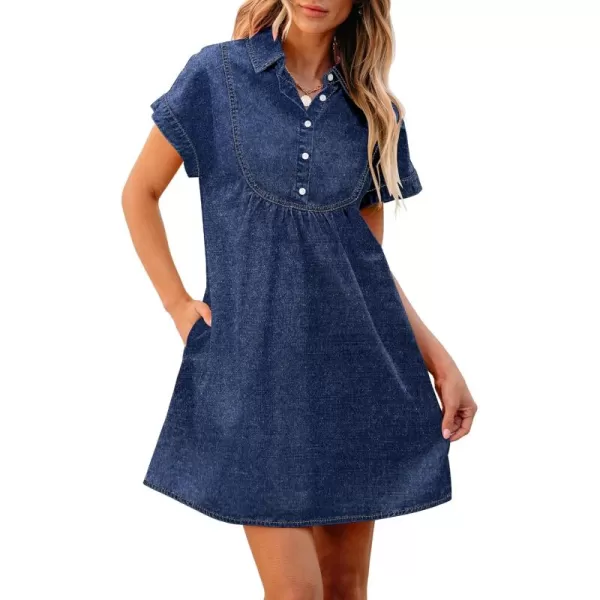 luvamia Denim Dress for Women Summer Short Sleeve Button Down Collared Pleated Western Jean Dresses with Pockets RelaxedBright Cobalt Blue