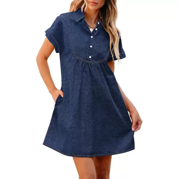 luvamia Denim Dress for Women Summer Short Sleeve Button Down Collared Pleated Western Jean Dresses with Pockets RelaxedDark Atlantic Blue